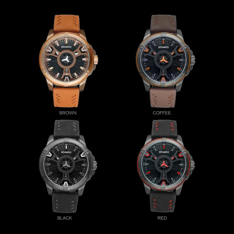 Boamigo relógio de pulso esportivo masculino, relógio fashion casual quartz couro com data automática