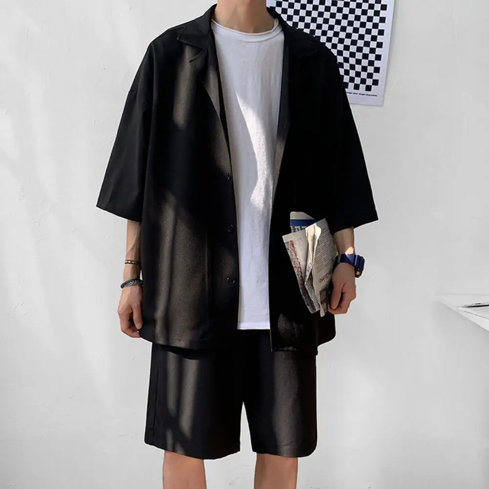 

JK Coat Shorts Suit Korean Style Men's Set Suit Jacket & Shorts Solid Thin Short Sleeve Single Pocket Knee-Length Men JK Outfit