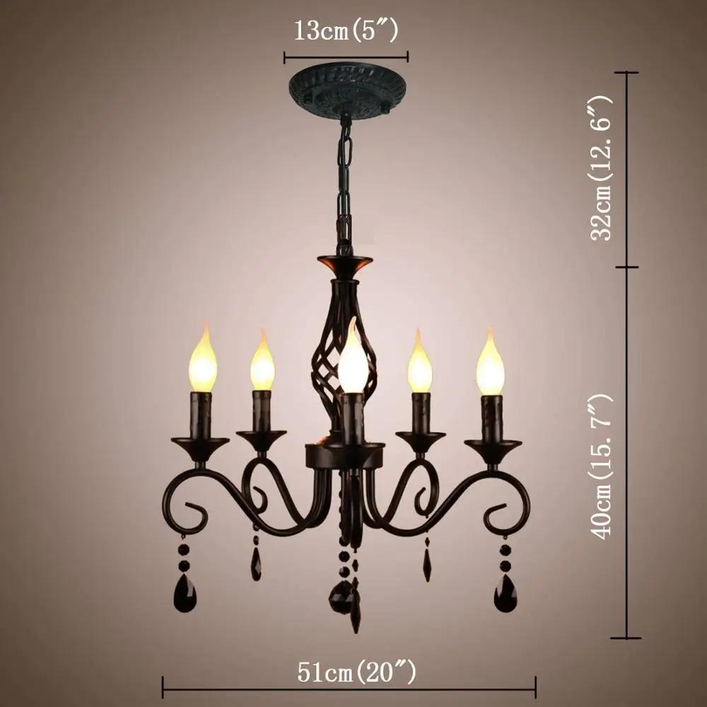 LED metalowe żyrandole 5 świateł czarny świeca kryształowa żyrandol przemysłowe oprawa oświetlenie w stylu Vintage lampa wisząca