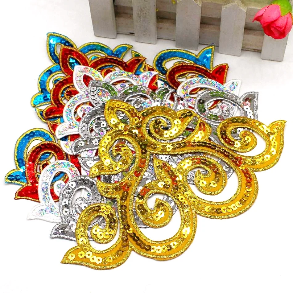 1 Piece Sequin Appliqued Gold Embroidery Patches Trims Iron on Cosplay Costumes Dress Dcoration 13*19cm