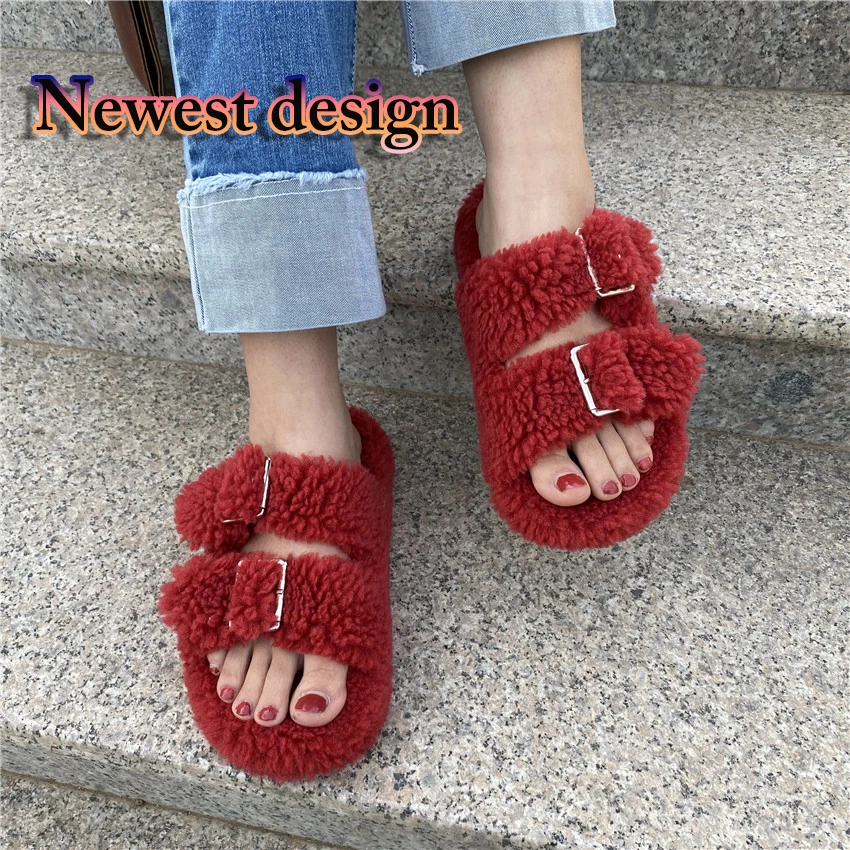 European Station Wool Slippers Summer Fur Open-Toe Slippers Women Fashion Home Soft Sandals