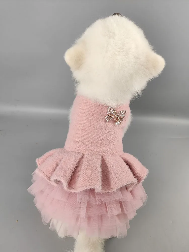 3 Colors Handmade Winter Dog Clothes Pet Coat Dress Elegant Simple Fashion Design Artificial Mink Tulle Skirt Soft Warm Parkas