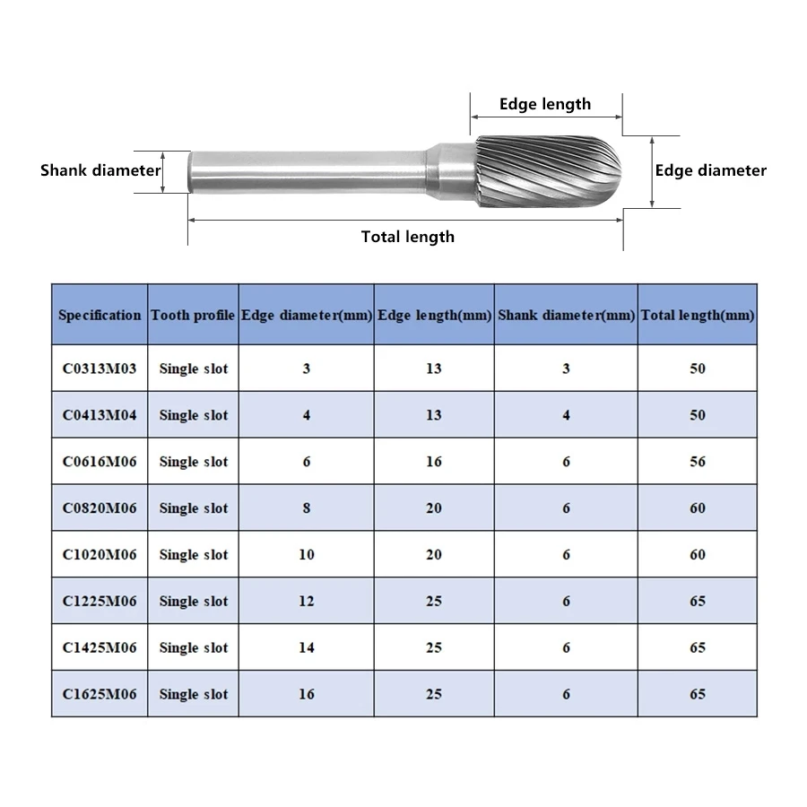 1PCS C-type Carbide Rotary File C0820/1020M06 CX1225/1625M06 Cylindrical Spherical Tungsten Steels Grinding Head Engraving Tools