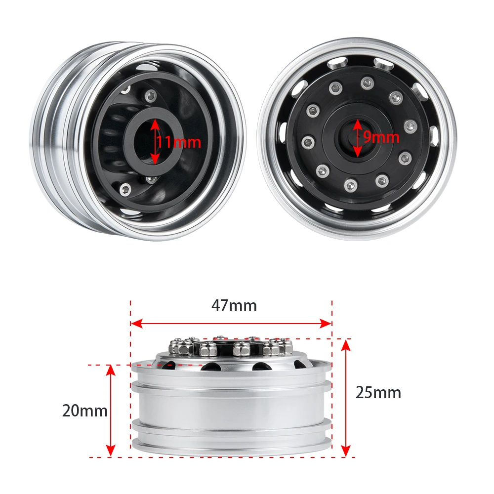 YEAHRUN Aluminum Alloy Front Rear Wheel Rims Hubs for Tamiya R620 1/14 RC Tractor Trailer Truck Model Upgrade Parts