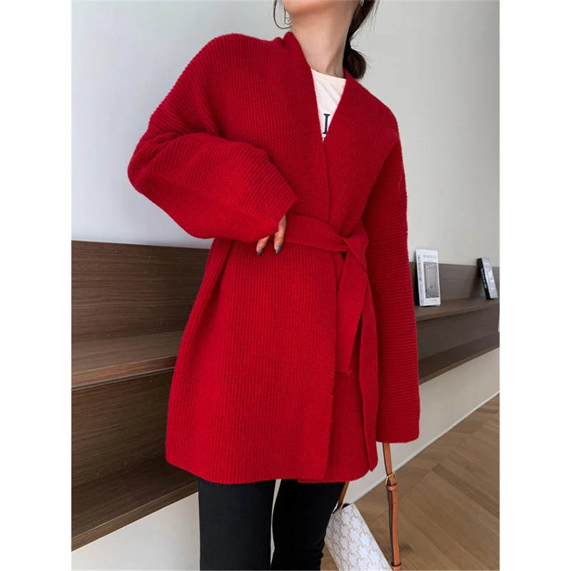 [ZAYAU]Women\'s Spring and Autumn New Lapel Off Shoulder Loose Sweater Simple Bathrobe Wind Belt Sweater Coat