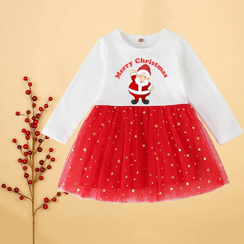 Christmas Girl Dress Santa Claus X-mas Infant Baby Girls Top Dress Outfits Long Sleeve Christmas New Year Party Dresses Clothes