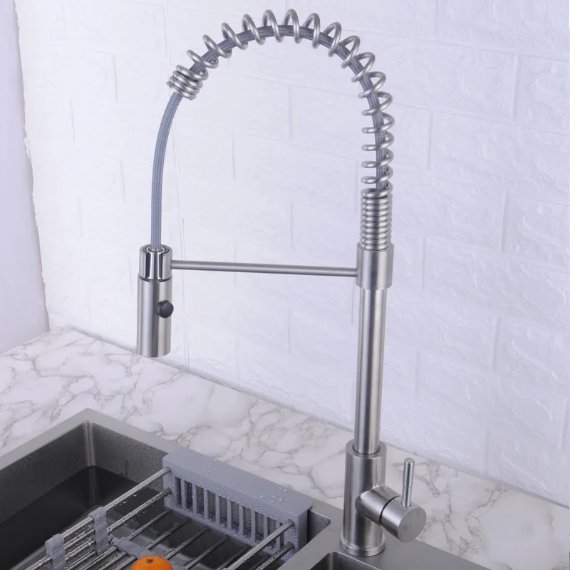 New Pull-out Kitchen Faucet Household 304 Stainless Steel Wire Drawing Sink Hot and Cold Water Tank Faucet Pull-out Sink Faucet