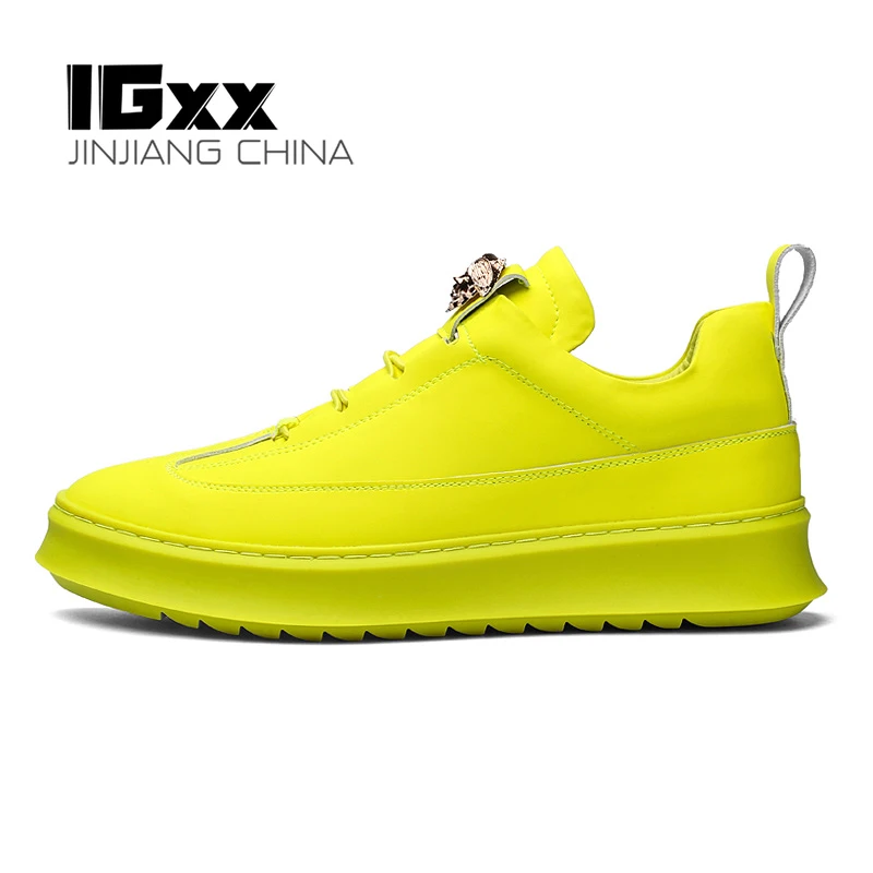 

IGxx Casual Shoes For Men Glitter Punk Metal Casual Shoes Men's Flats Genuine Leather Travel Drive Shoes Men Elevator Gold