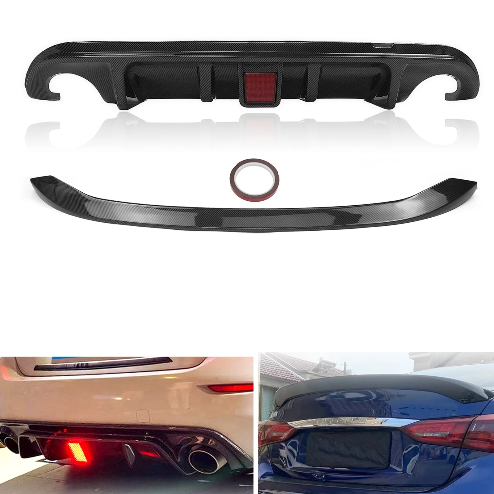 

For Infiniti Q50 2014-2017 Rear Bumper Diffuser Lip+Trunk Spoiler Roof Wing Carbon Fiber Look Splitter Car Body Kit W/ LED Lamp