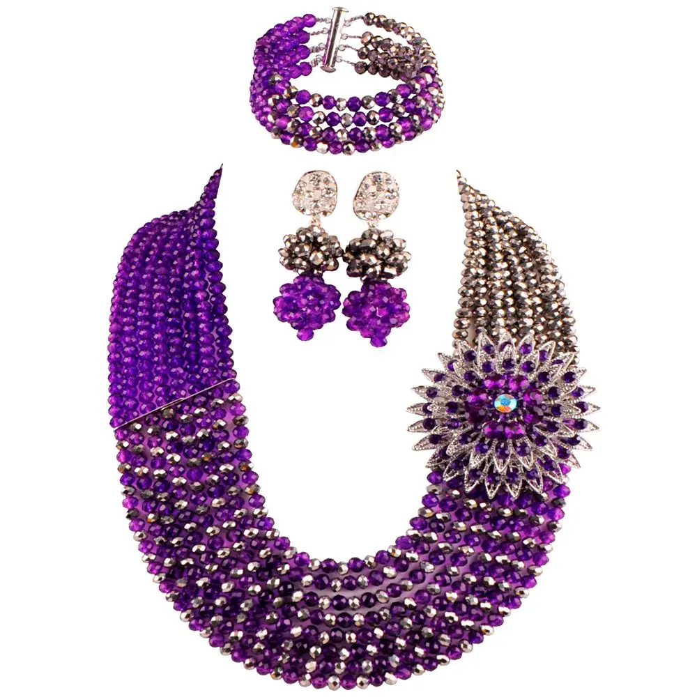 Charming Nigerian Traditional Wedding Purple Crystal African Beads Wedding Jewelry Set  SJ-09