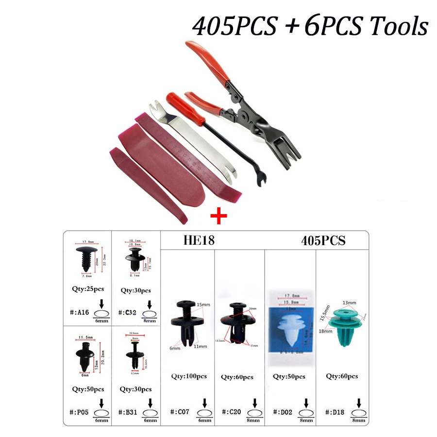 Universal 405PCS Mixed Auto Fastener Clips + 6PCS Car Repair Tool for Car Door Bumper Fender Liner Sealing Strip Fixed