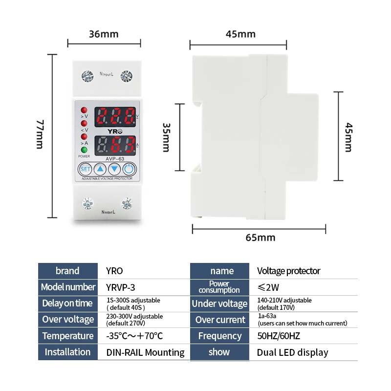 Guida Din doppio Display di corrente di sovratensione regolabile sotto tensione dispositivo di protezione relè di protezione 63A 230V