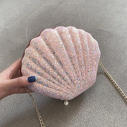 New Fashion Chains Crossbody Shoulder Bags for Women Shell Shape Sequined Small Handbag Purse Female Messenger Bag Clutch