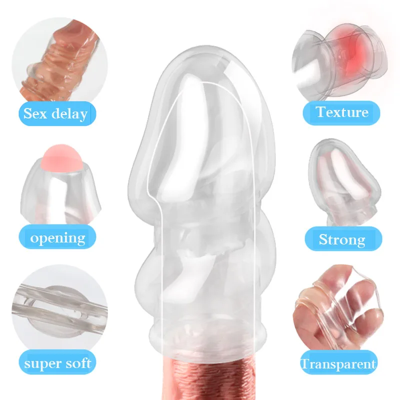 Transparent Male Glans Penis Sleeve Penis Extensions Delay Ejaculation Reusable Condoms Spray Massager Sex Toys for Men