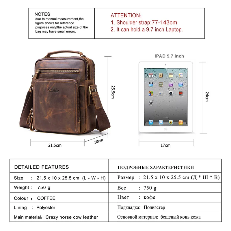 CONTACTS Genuine Crazy Horse Leather Vintage Men Crossbody Bag Zipper Messenger Bags For Men Luxury Male Handbag Shoulder Bag