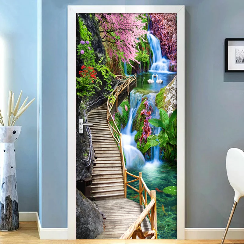 

Modern Bridge Waterfall Scenery 3D Door Stickers Mural PVC Self-adhesive 3D Wallpaper For Living Room Bedroom Door Decor Decals