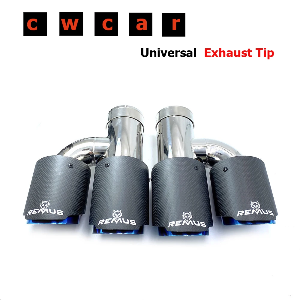 

1Pair H Style Glossy Carbon Stainless Steel Universal Dual Exhaust Pipe Blue End Tail Tip For 3 Series With Remus Logo