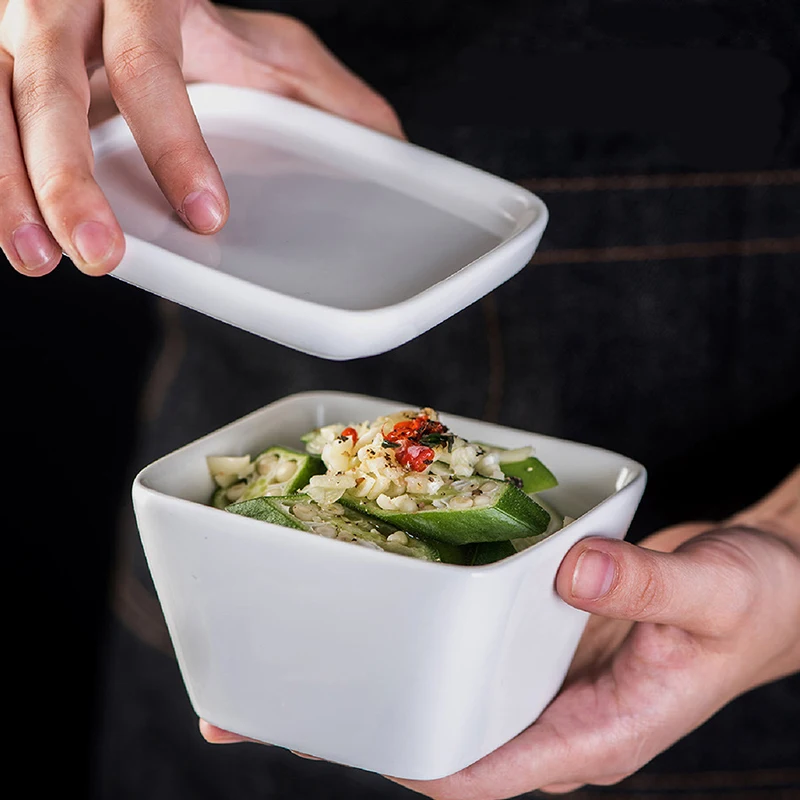 White Ceramic Bowl with Lid, Square, Cute Salad Bowls, Small Fruit Dessert, Ice Cream, Soy Sauce Dish, Creative Plate with Cover