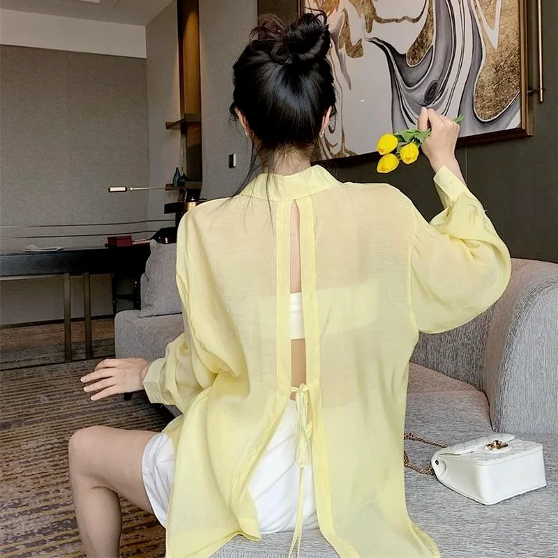 Shirt Women Solid Summer Hot Sheer Bandage Sun-proof Chic BF Style Sexy Ladies Tops Popular Leisure Daily Outwear Ins Harajuku