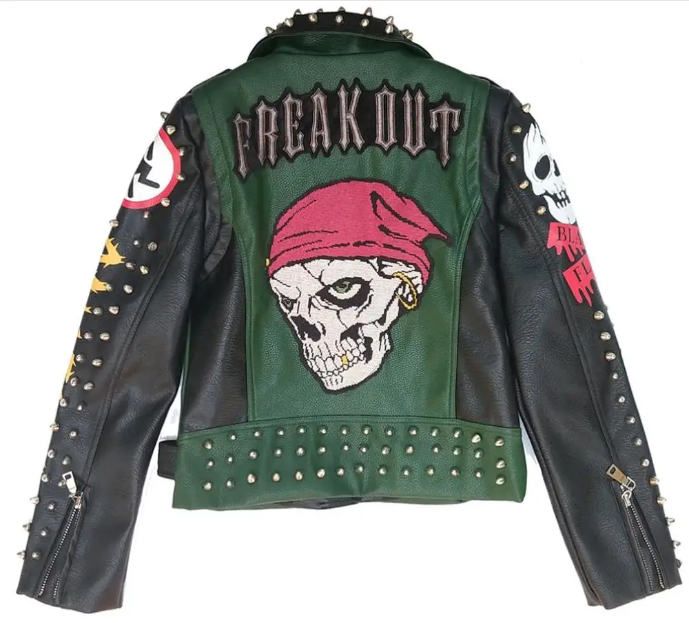 Blouson en cuir style punk pour femme, streetwear, graffiti, chancelier, motard, automne, printemps, 2024