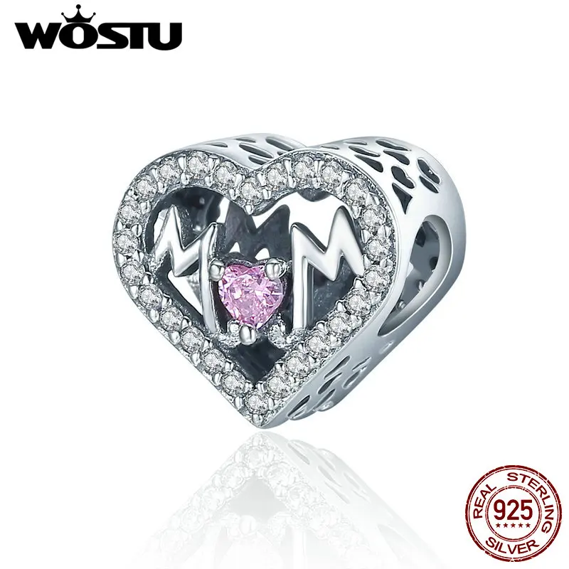 WOSTU 100% 925 Sterling Silver MOTHER MUM Heart Charms Fit Original Charm Bracelet Authentic Jewelry Accessories Making C395