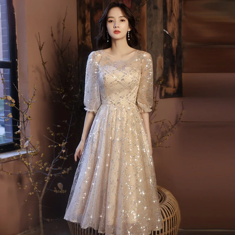 New Short Sequin Tulle Champagne Color Prom Dress DongCMY Plus Size Elegant Robes Soirees A-Line Evening Party For Women