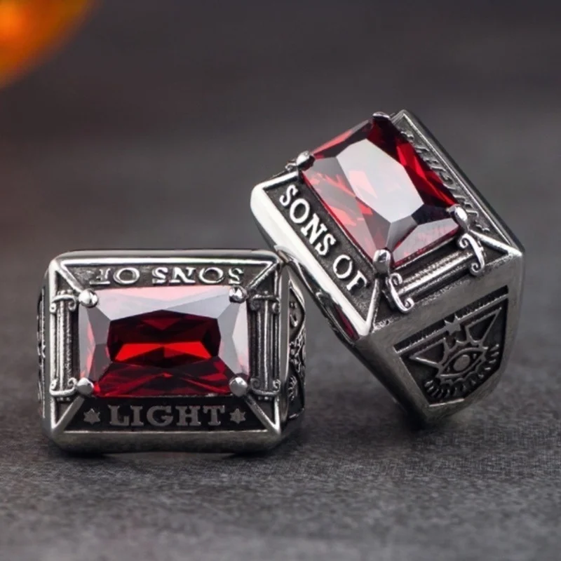 Classic Fashion Men's Metal Ring Red Zircon Ring Masonic Party Jewelry