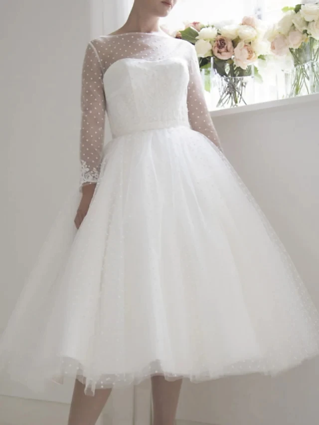 Vintage A-lijn Trouwjurken Jewel Thee Lengte Dot Tulle Kant Applicaties Bruidsjurk Vestido De Noiva Robe Mariage