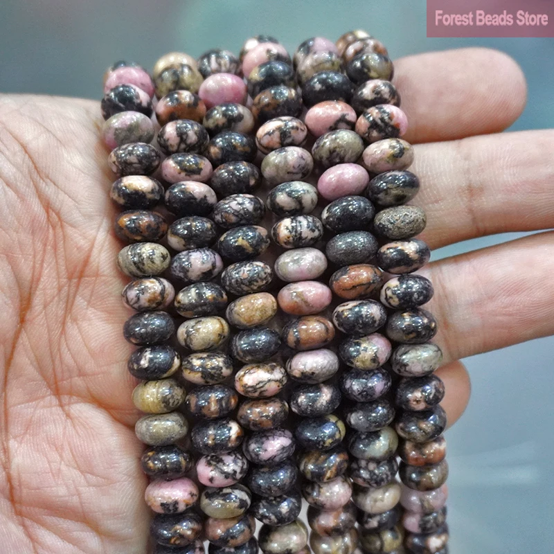 Natural Stone Black Lace Rhodonite Rondelle Round Spacer Beads for Jewelry Making Diy Bracelet Charms Accessories 15