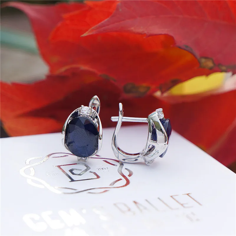 GEM\'S BALLET Natural Oval Sapphire Gemstone Earrings Jewelry 925 Sterling Silver Office Solid Blue Stud Earrings For Women Gift
