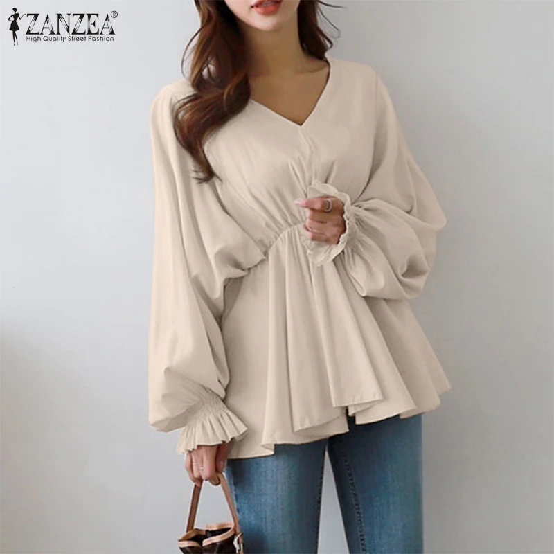 ZANZEA 2023 Stylish Puff Sleeve Tops Women\'s High Waist Blouses Casual V Neck Ruffle Blusas Female Solid Tunic