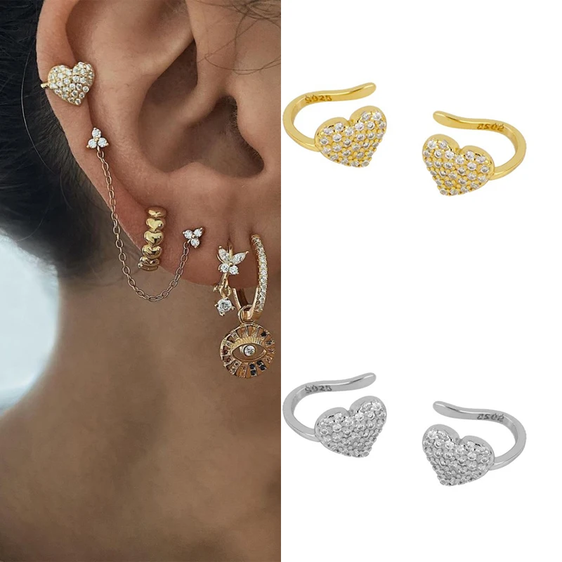 CRMYA Wedding Clip On Earrings 2022 New Trend Gold Silver Filled Full CZ Zircon Cute Heart Ear Clips Cuffs Party Gift Jewelry