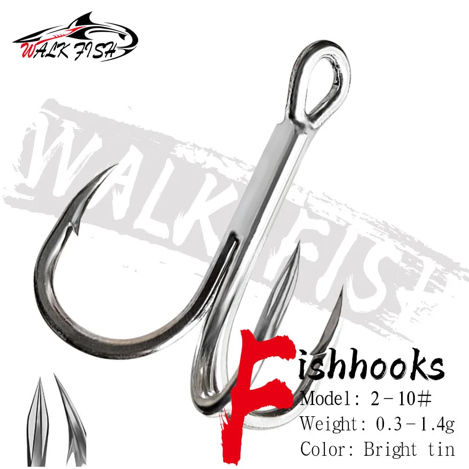 WALK FISH Fishing Hook 10pcs High Carbon Treble Hooks Super Sharp solid size 2#-10# Triple Barbed Steel Fishing bass lure hook