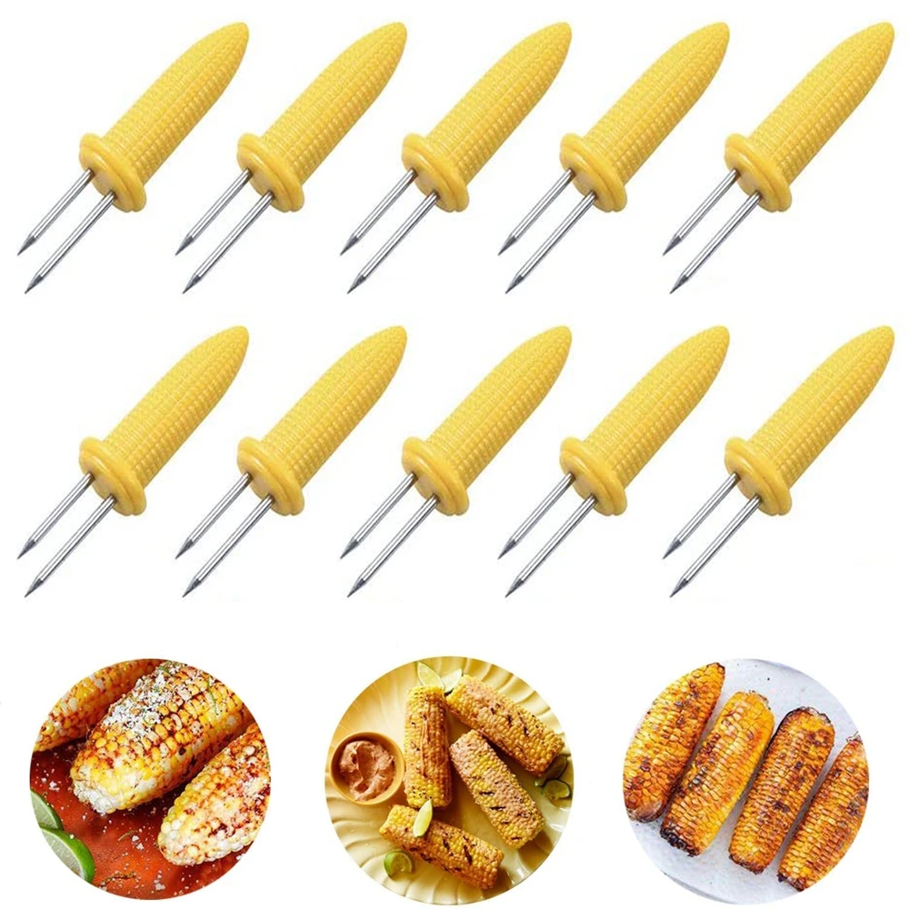 Soportes de acero inoxidable para maíz en la parrilla, tenedor doble, pinchos Cob, tenedor de cocina para el hogar, 10 unidades, gran oferta