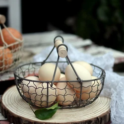 Wooden Handle Metal Retro Basket Portable Multi-Function Vegetable Fruit Egg Groceries Practical Storage Basket Organizer