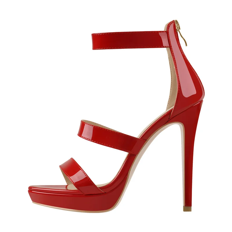 Onlymaker Women Platform Summer Sandals Patent Leather Narrow Cover Heel Thin High Heels Shoes Zipper Large Size Band Sandals