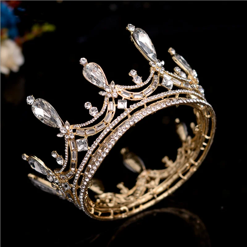 HG015 European classic round crown bridal hairpiece elegant rhinestone tiara high end princess bride wedding headpiece