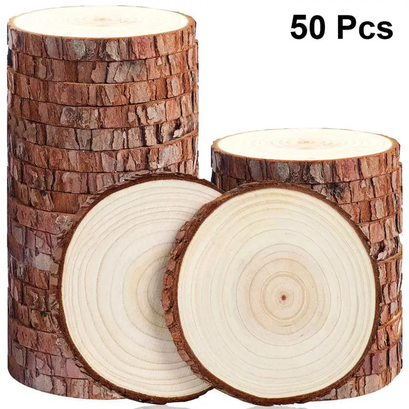 5-100PCS Thick Natural Pine Round Unfinished Wood Slices Circles With Tree Bark Log Discs DIY Crafts Wedding Party Painting