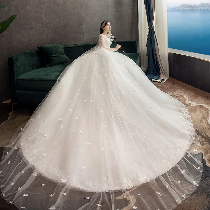 2021 abito da sposa in pizzo con Cape Sweep/ Brush Train Ball Gown abiti da sposa abito da sposa Vintage principessa X