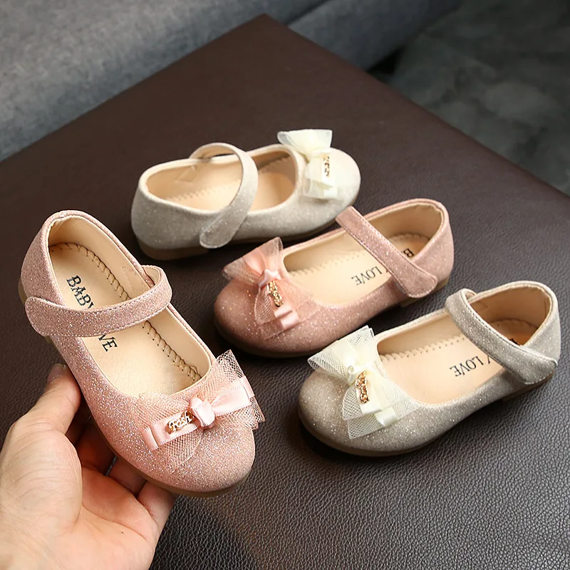 Kids Flats For Girls Shoes Toddlers Little Girl Children Dress Shoes Glitter Leather With Lace Bow-knot Princess Wedding Shoes