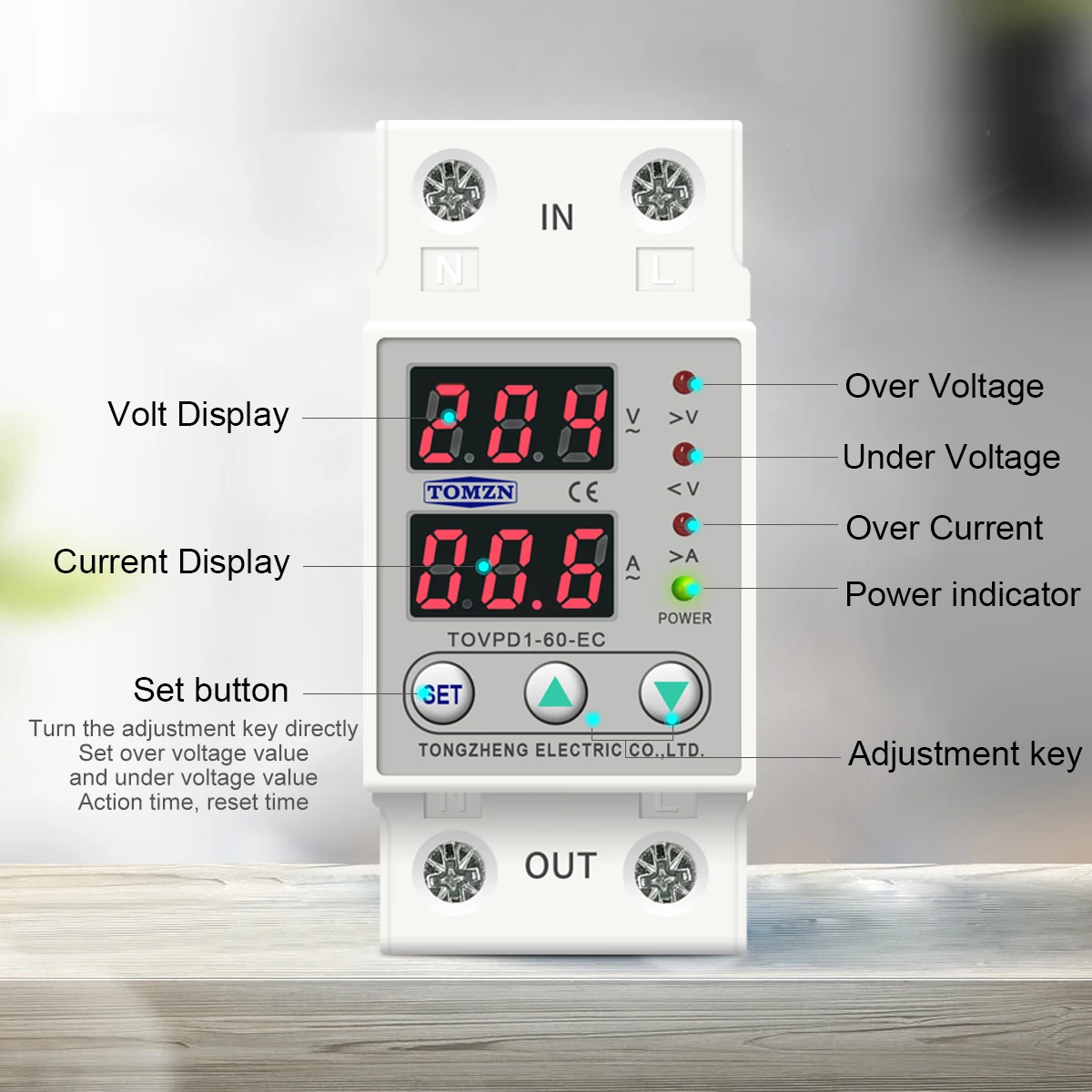 60A 230V Din rail adjustable over and under voltage protective device protector relay with over current protection Voltmeter