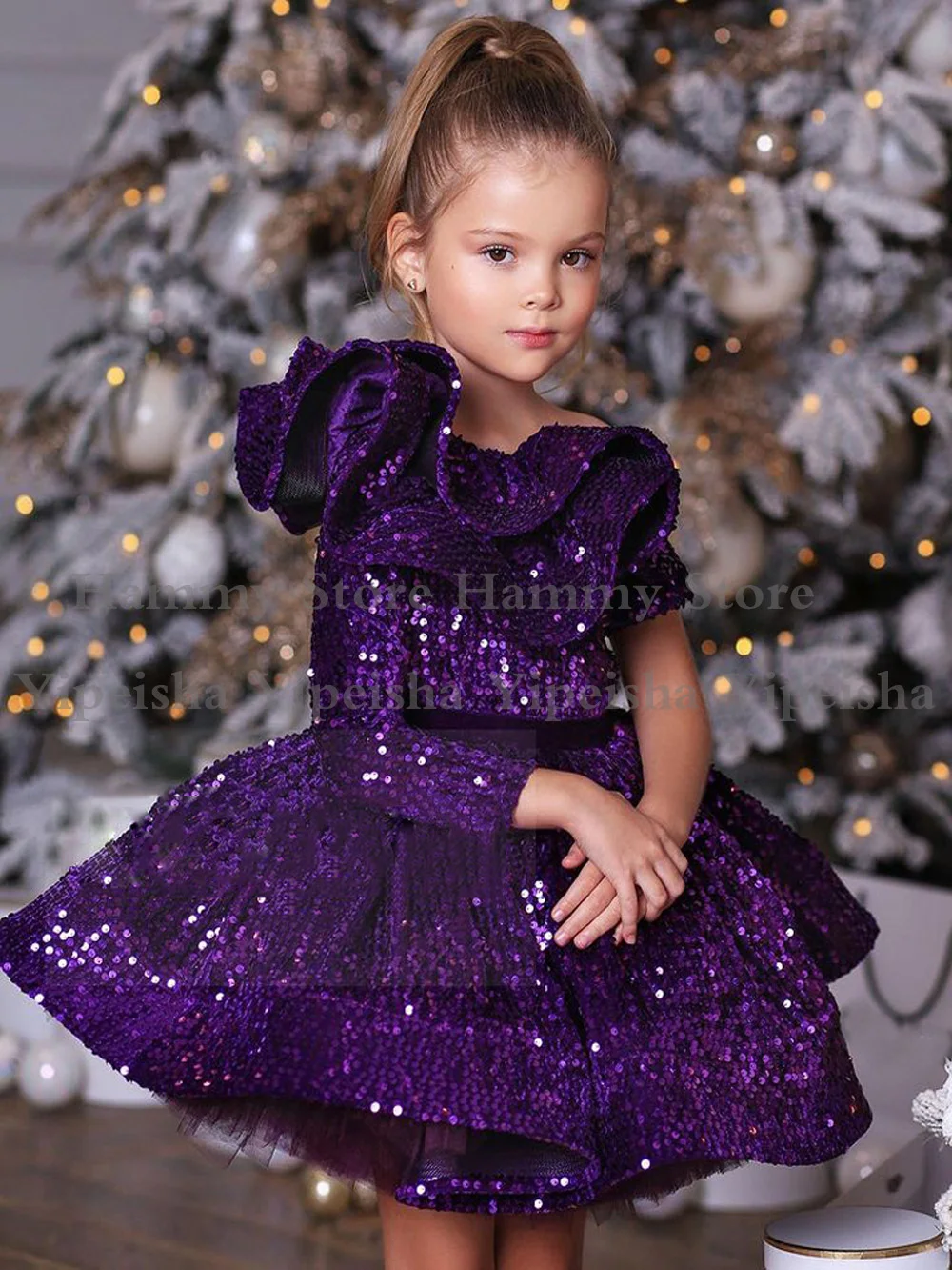 Vestidos brillantes de fiesta para niños, Mini tutú con volantes de un hombro, vestidos de desfile, lentejuelas brillantes, Puff, vestido de flores para cumpleaños