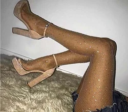 Pantimedias de malla con diamantes brillantes para mujer, medias de nailon, ajustadas, a la moda, Sexy