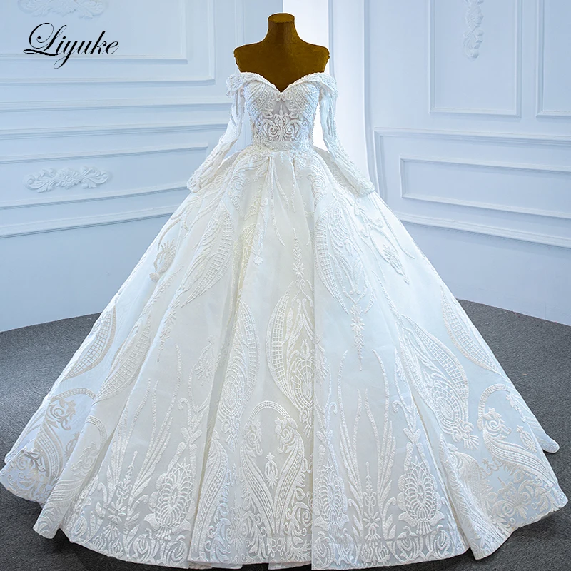 

Liyuke Exquisite Off The Shoulder Long Sleeve Lace Ball Gown Wedding Dress With Corset Gorgeous Bridal Gown