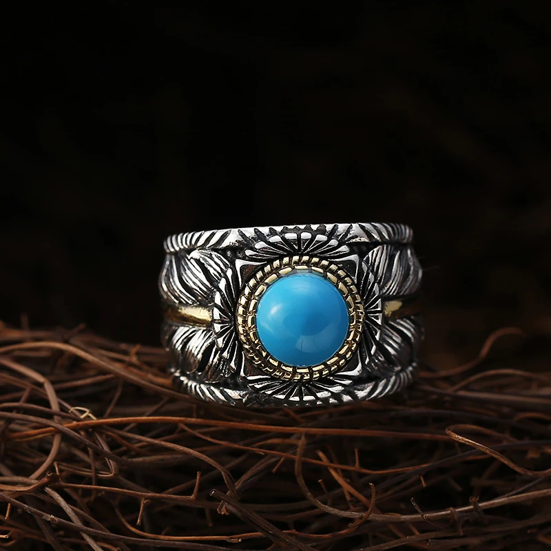 

S925 sterling silver retro popular feather men and women ring Thai silver inlaid turquoise opening adjustable ring