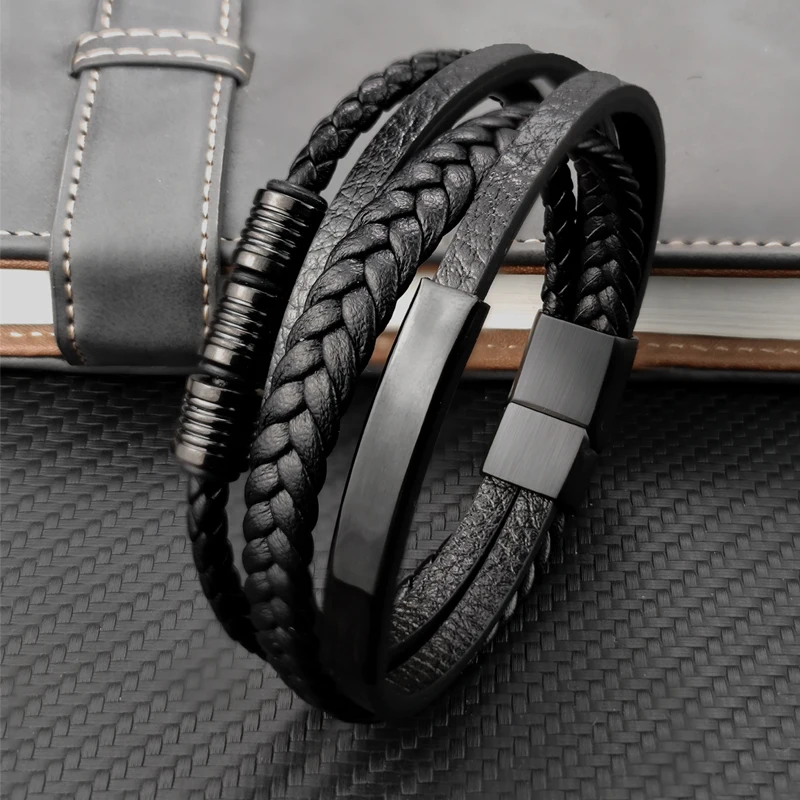 New Hot Sale Multi-Layer Stainless Steel Genuine Leather Bracelet For Mens Magnetic Clasp Bangles Office Accessories Jewelry