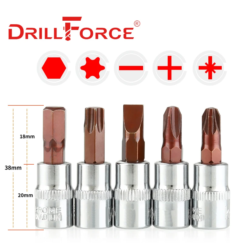 Drillforce 1/4 "Drive Torx esagono scanalato Phillips Pozi Socket Bit S2 adattatore chiave dinamometrica chiave a cricchetto strumenti di riparazione domestica