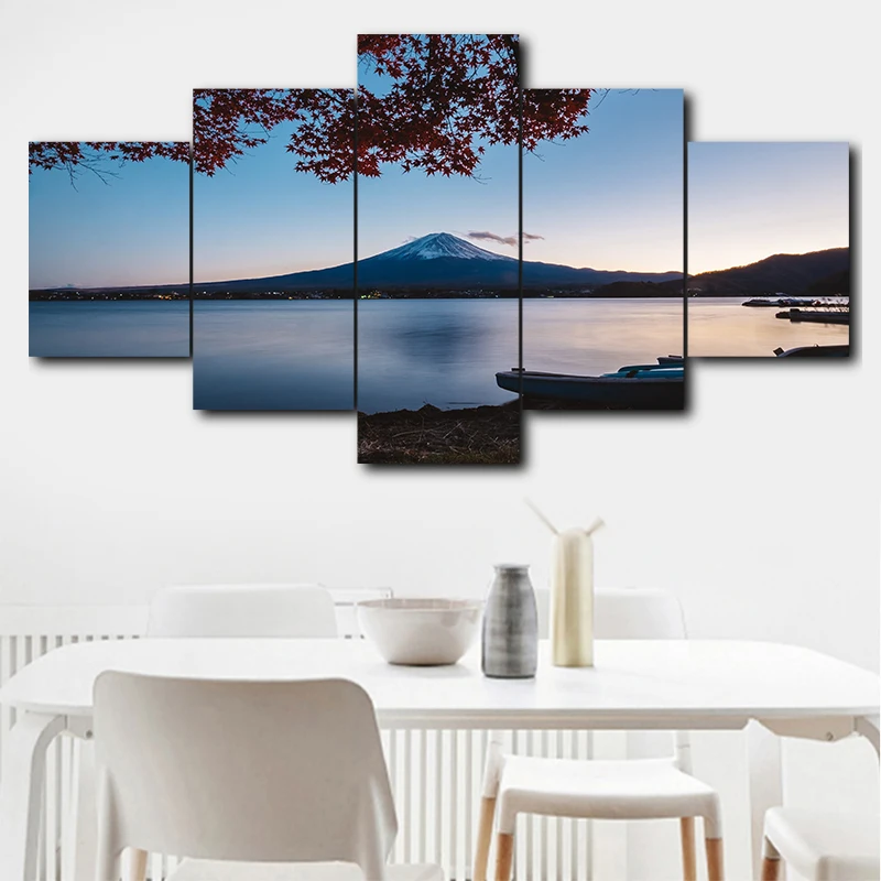 5 Panel Fuji Gable Art Canvas Autumn Landscape Pictures Print Lakeside Canvas Painting for Living Room Decoration(No Frame)