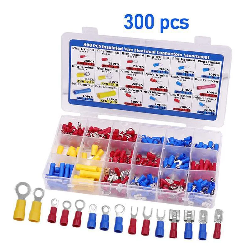 300pcs Assorted Box Insulated Crimp Terminals Round Spade Bullet Head Male And Female Electrical Terminals Kit