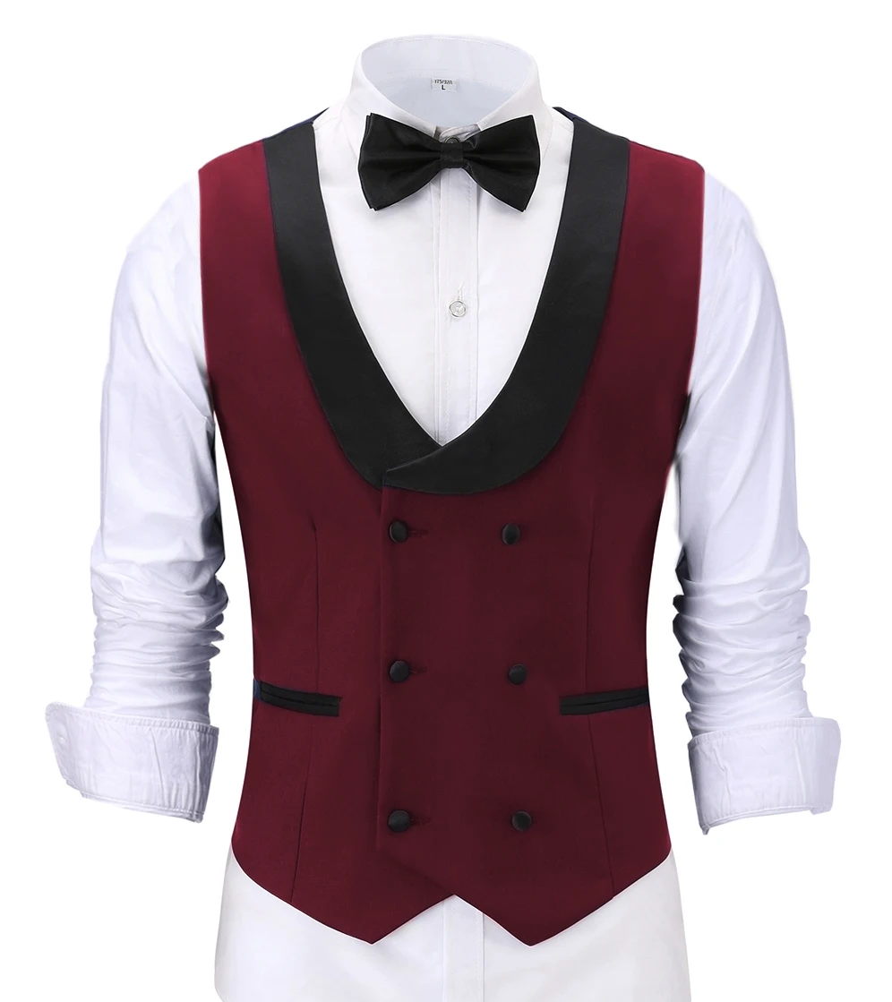 Casual Men\'s Waiter Vest Burgundy Slim Fit Prom Double Breasted Blazer Champagne Suits Red Waistcoat For Wedding Best Man Grooms